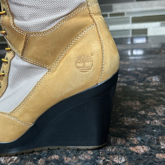 Timberland Womens Size 8 Wheat Tan Leather Lace Up Wedge Boots Tall 14.5” 23617M - Picture 4 of 16